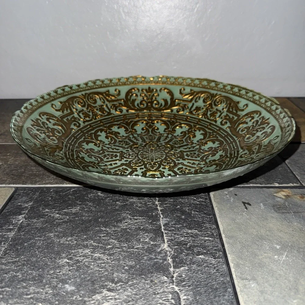Large Decorative Green Glass Bowl with Gold Accents 11.5 Inches Diameter EUC